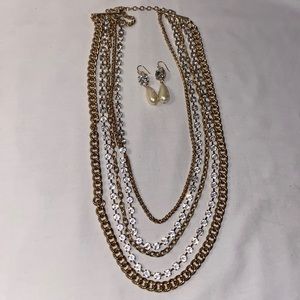 5 strand crystal gold chain necklace with pearl drop earrings